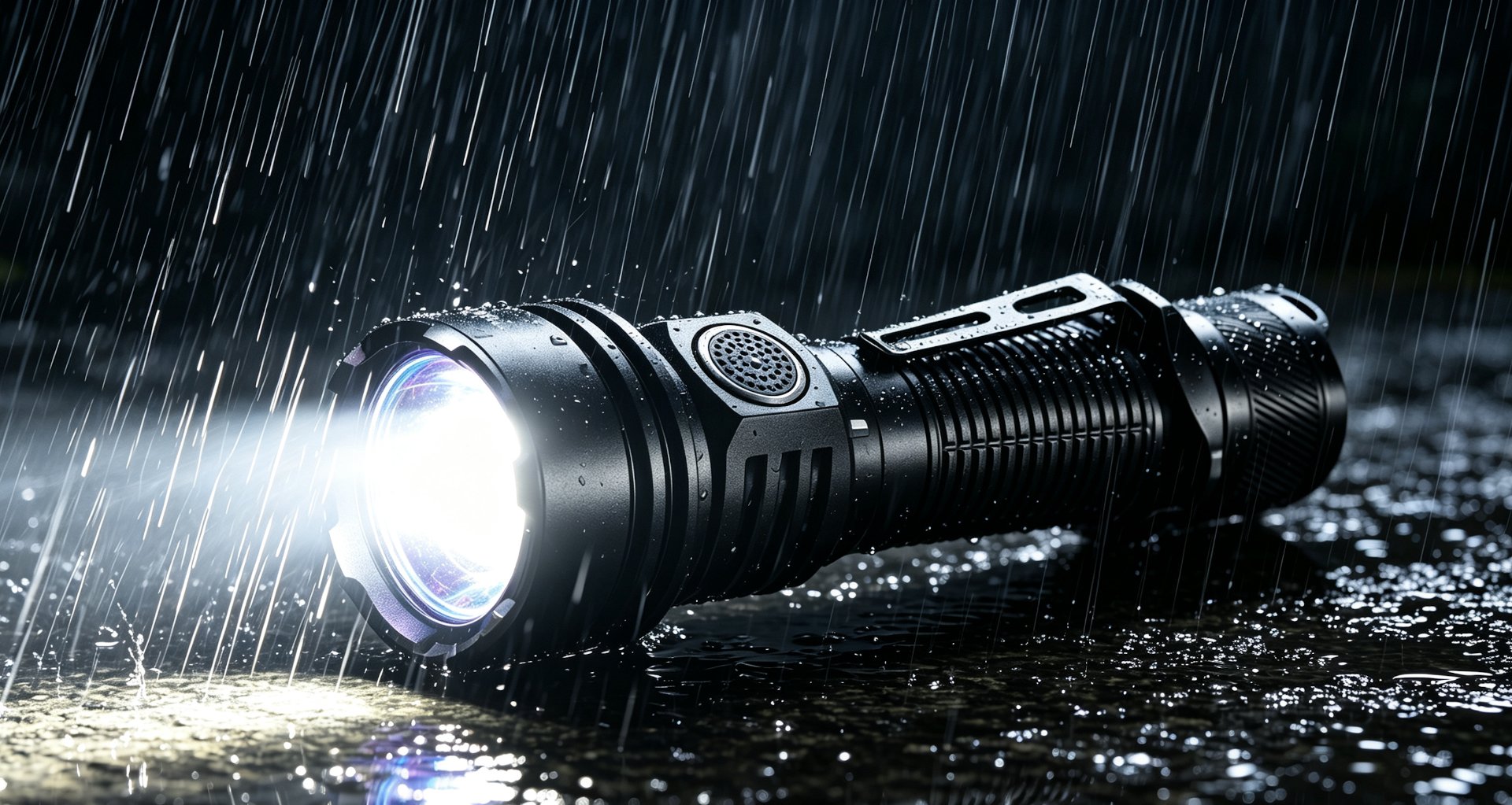 Aurora T1 tactical flashlight in heavy rain