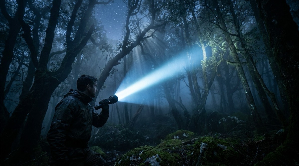 Aurora flashlight beam cutting through dark forest