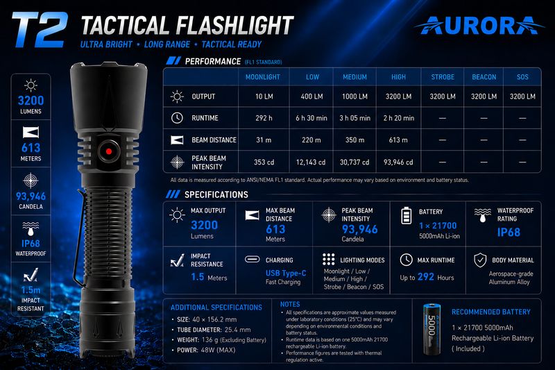 AURORA T2 Extreme Power 3200LM 21700 Tactical Torch 613m from AURORA China flashlight manufacturer